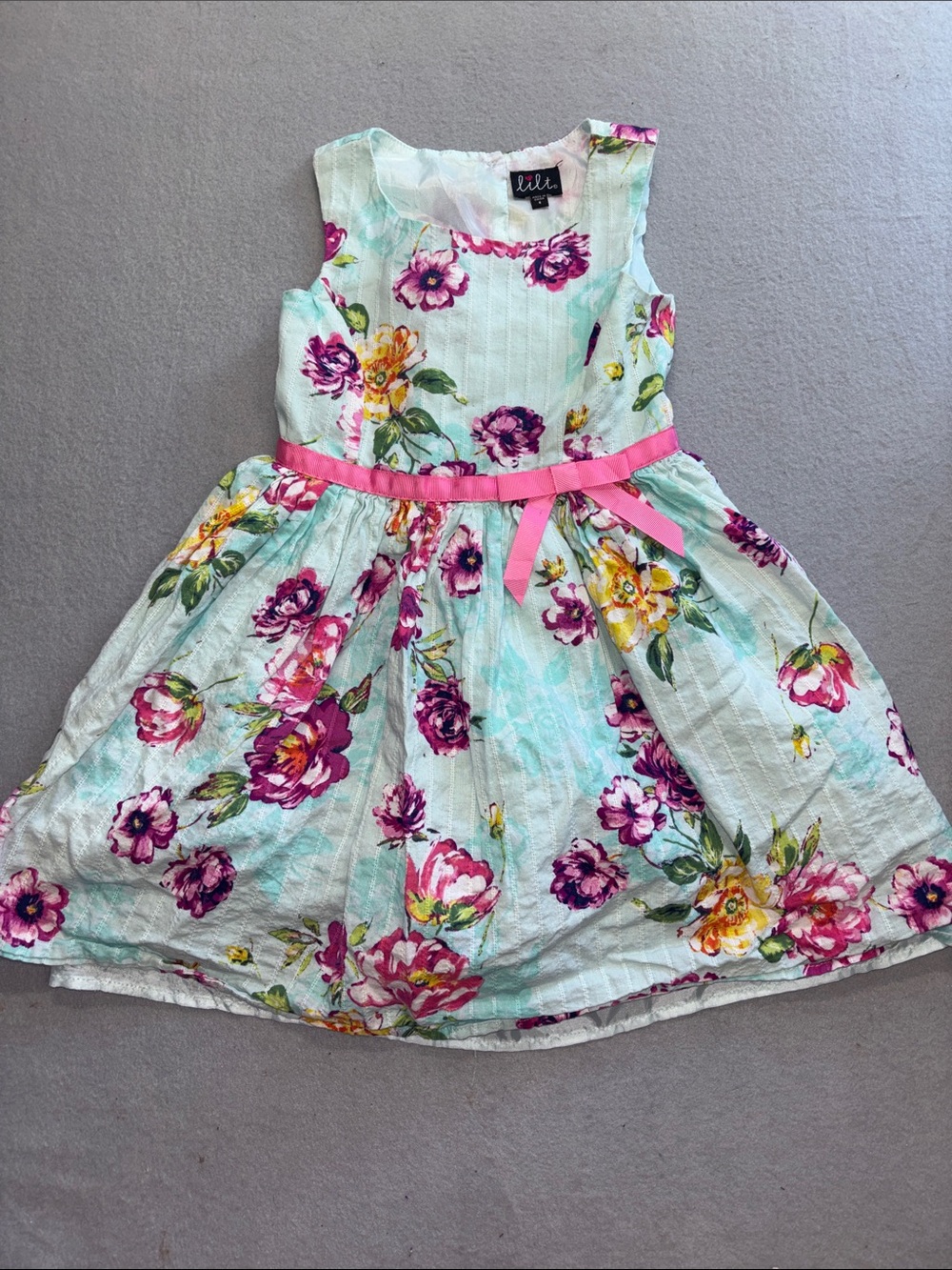 lilt Girl’s formal Mint Floral Dress with Pink Ribbon size 6